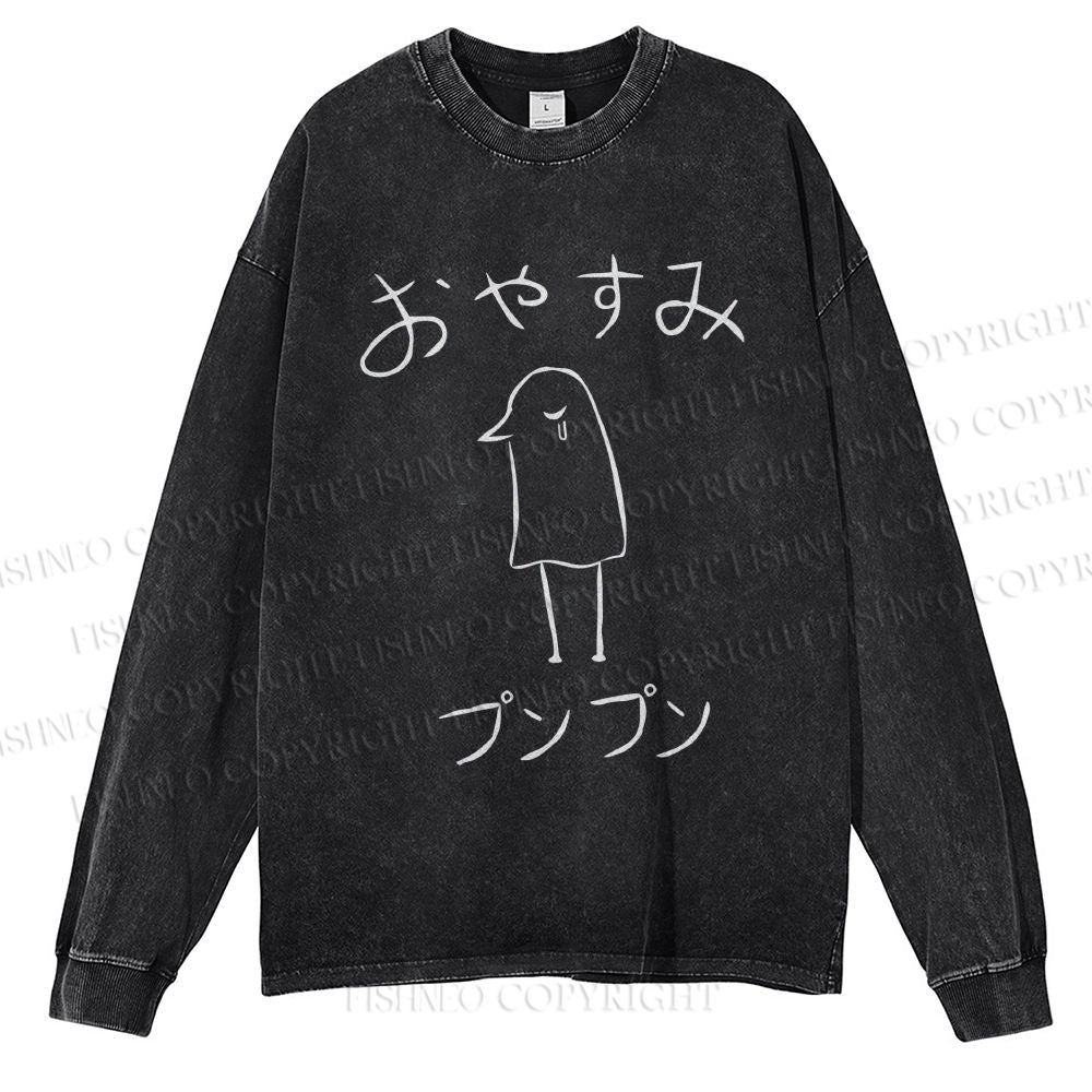 Unisex Casual Washed Oyasumi PunPun Printed Long Sleeve T-shirt