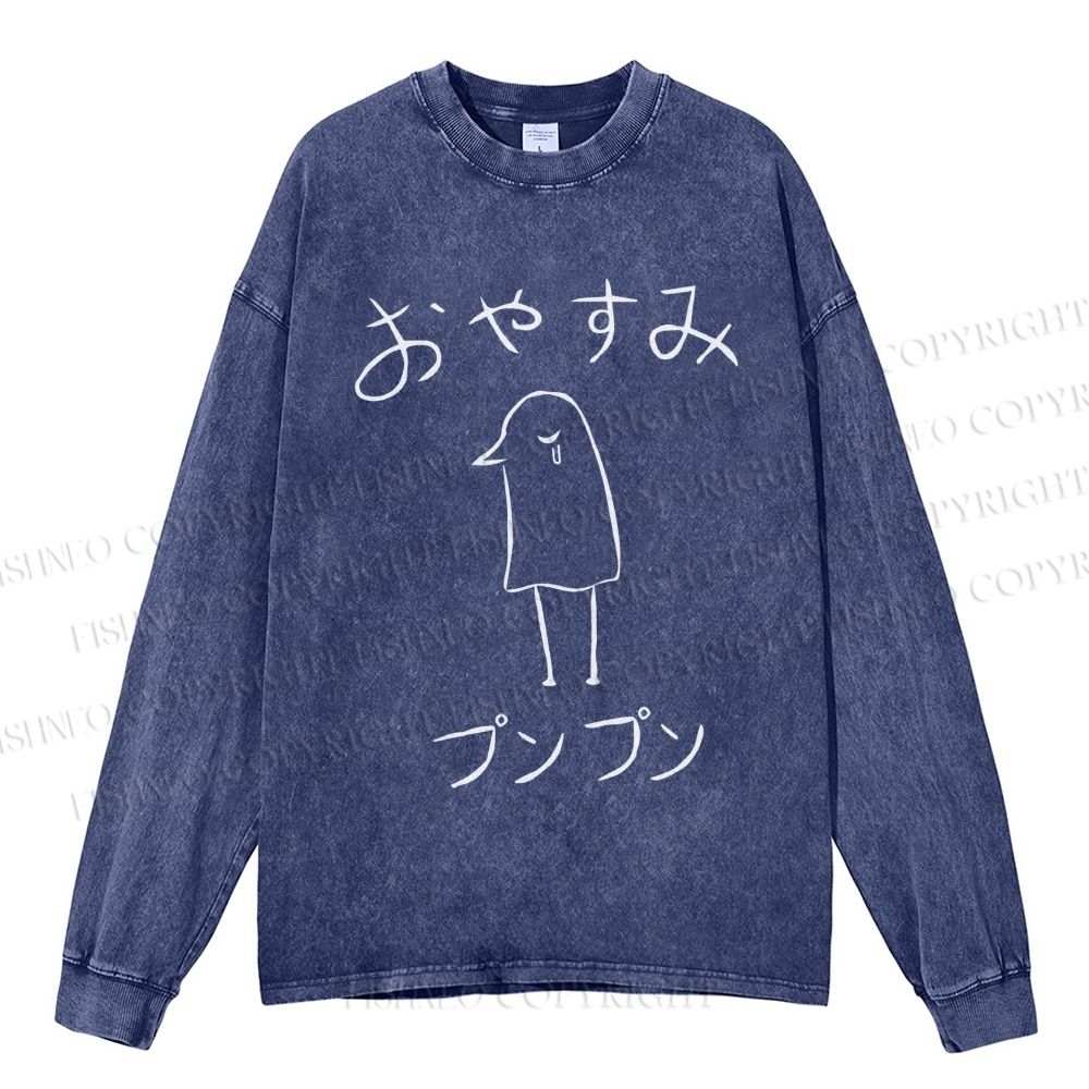 Unisex Casual Washed Oyasumi PunPun Printed Long Sleeve T-shirt