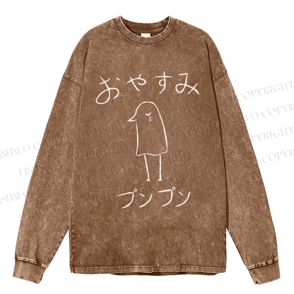 Unisex Casual Washed Oyasumi PunPun Printed Long Sleeve T-shirt