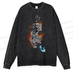 Unisex Casual Washed Tiger Printed Long Sleeve T-shirt