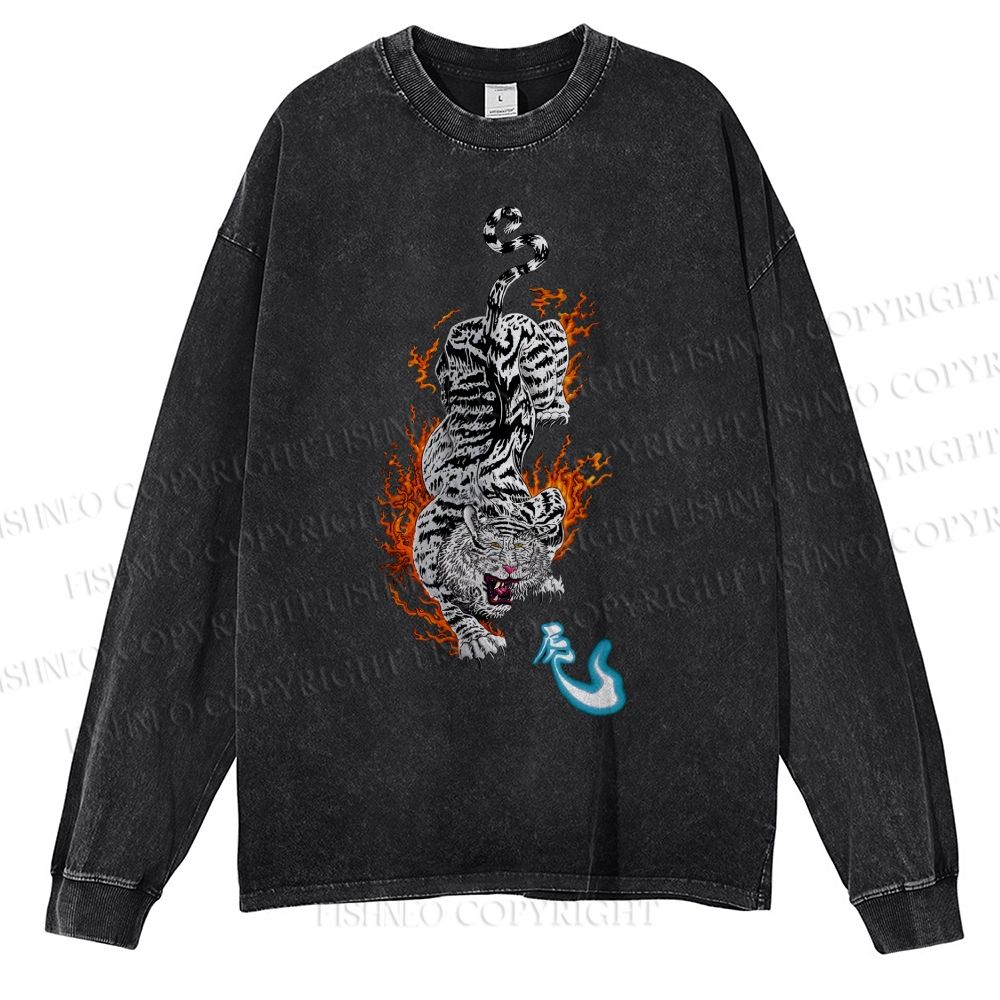 Unisex Casual Washed Tiger Printed Long Sleeve T-shirt