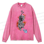 Unisex Casual Washed Tiger Printed Long Sleeve T-shirt