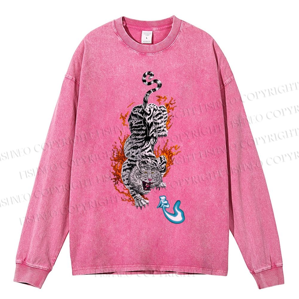 Unisex Casual Washed Tiger Printed Long Sleeve T-shirt