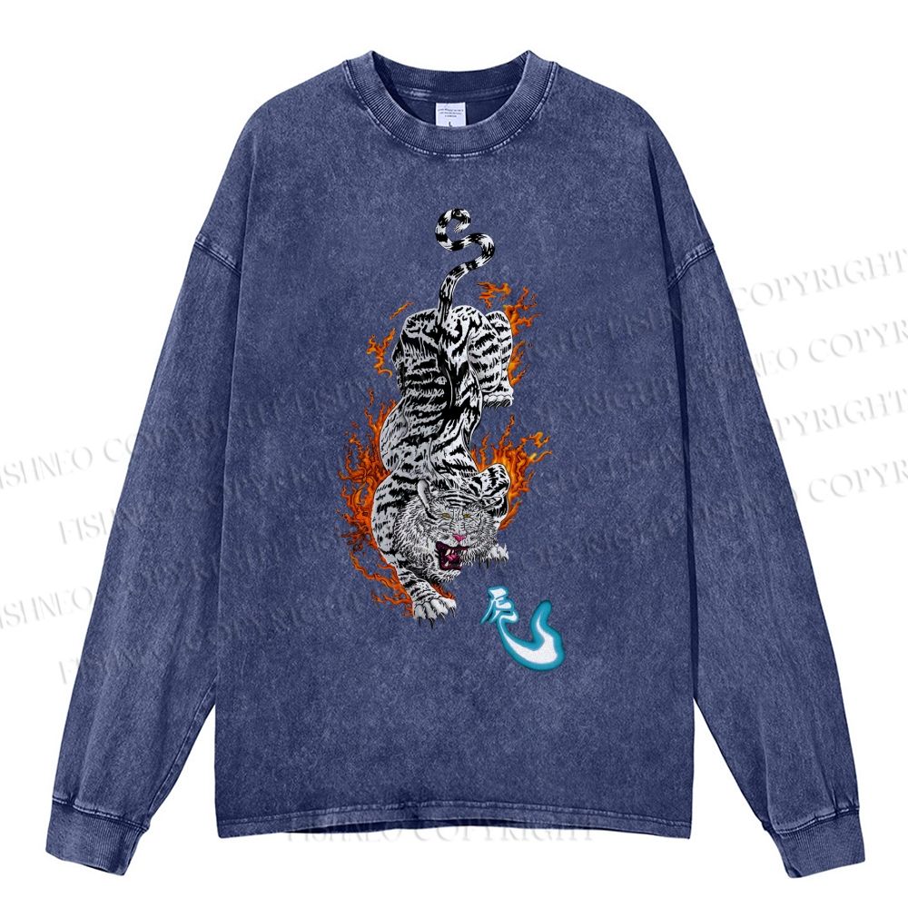 Unisex Casual Washed Tiger Printed Long Sleeve T-shirt