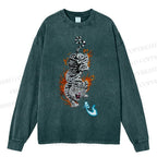 Unisex Casual Washed Tiger Printed Long Sleeve T-shirt