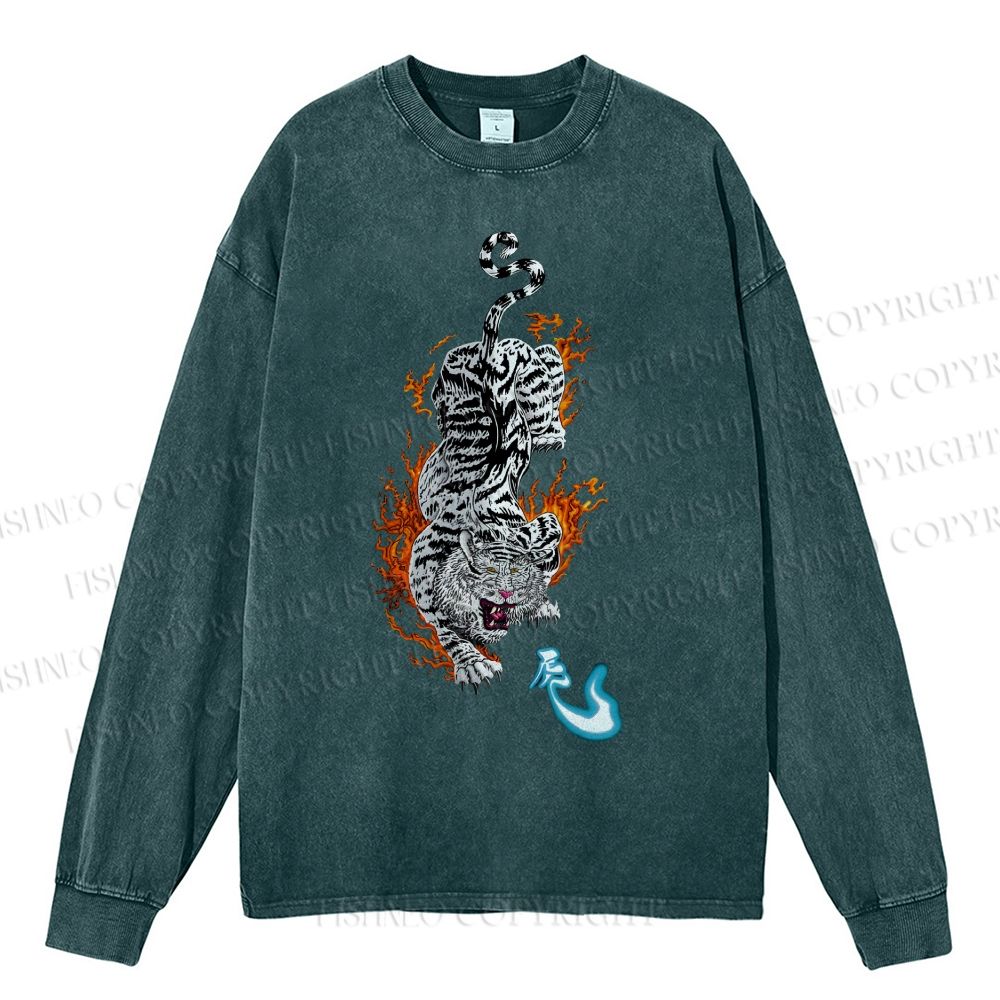 Unisex Casual Washed Tiger Printed Long Sleeve T-shirt