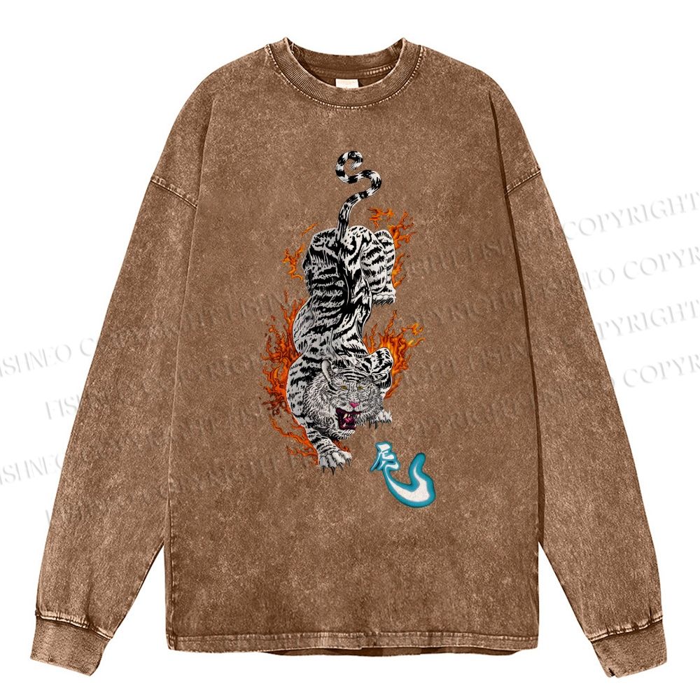 Unisex Casual Washed Tiger Printed Long Sleeve T-shirt