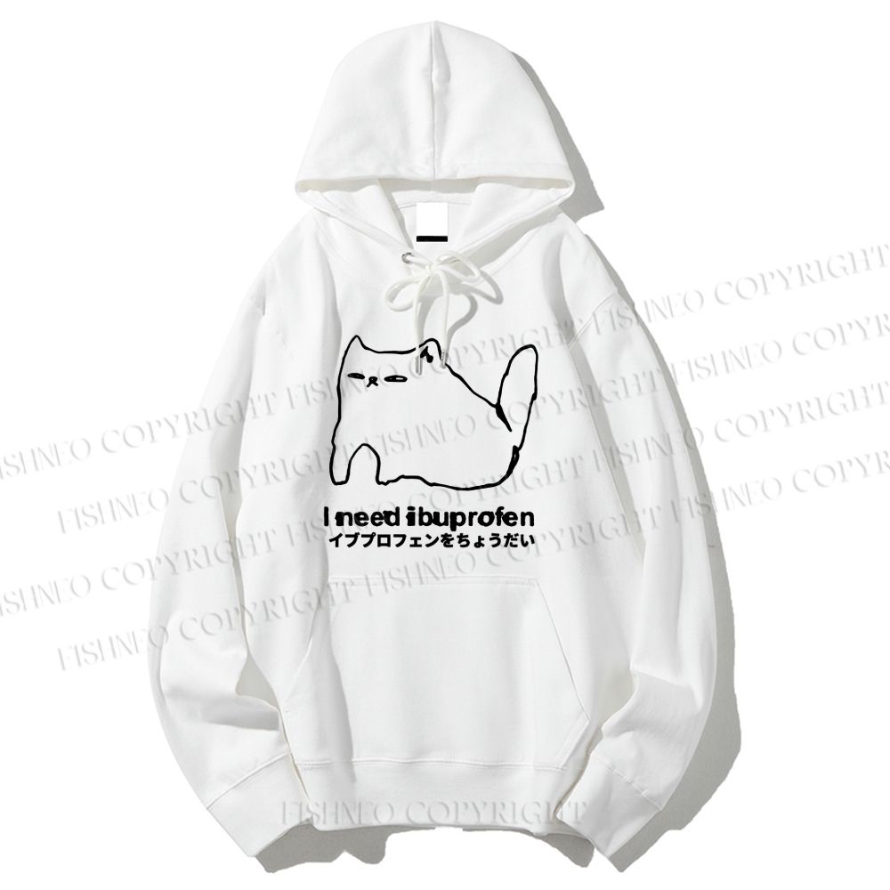 Unisex Casual I need ibuprofen Cat Vintage Cotton Printed Hoodie