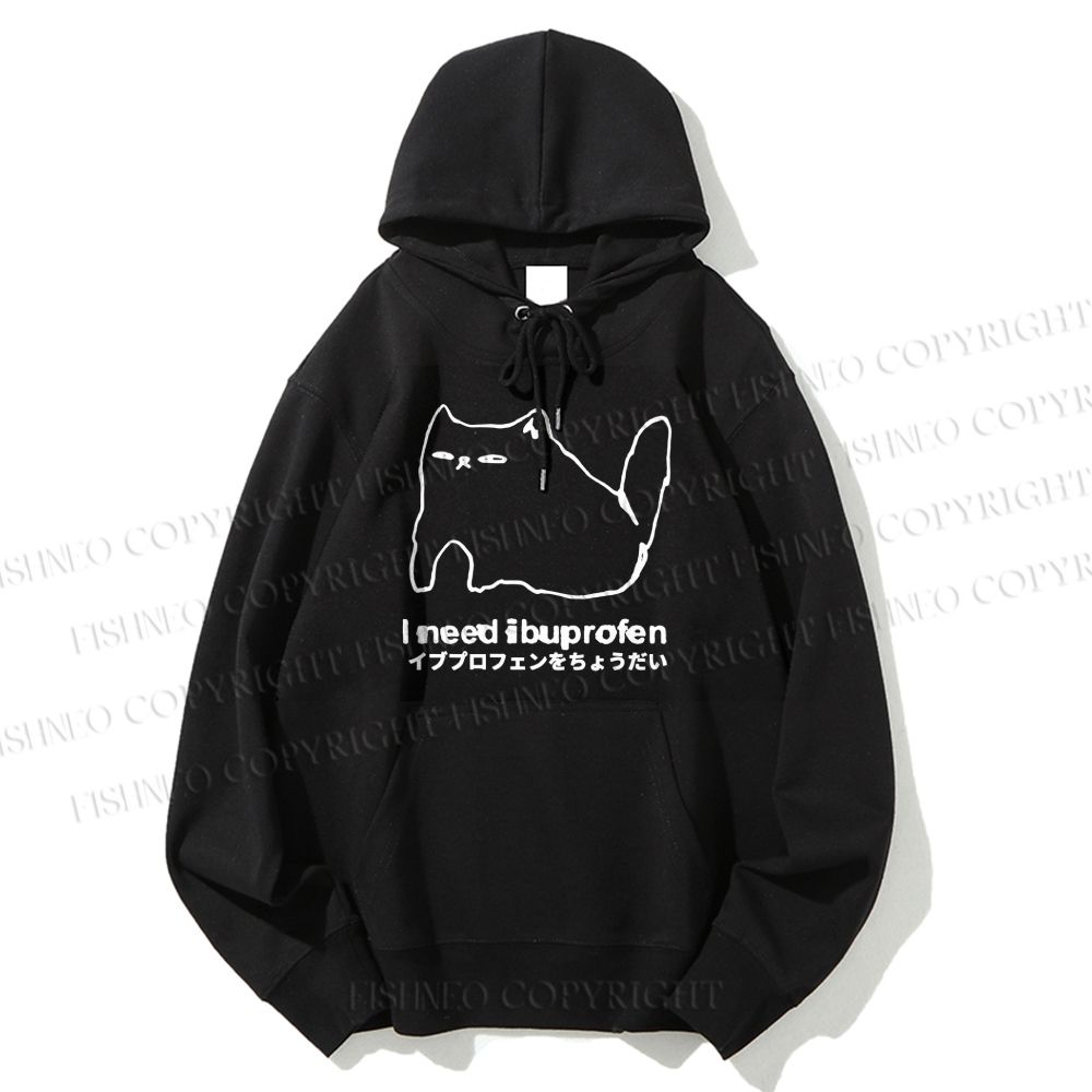 Unisex Casual I need ibuprofen Cat Vintage Cotton Printed Hoodie