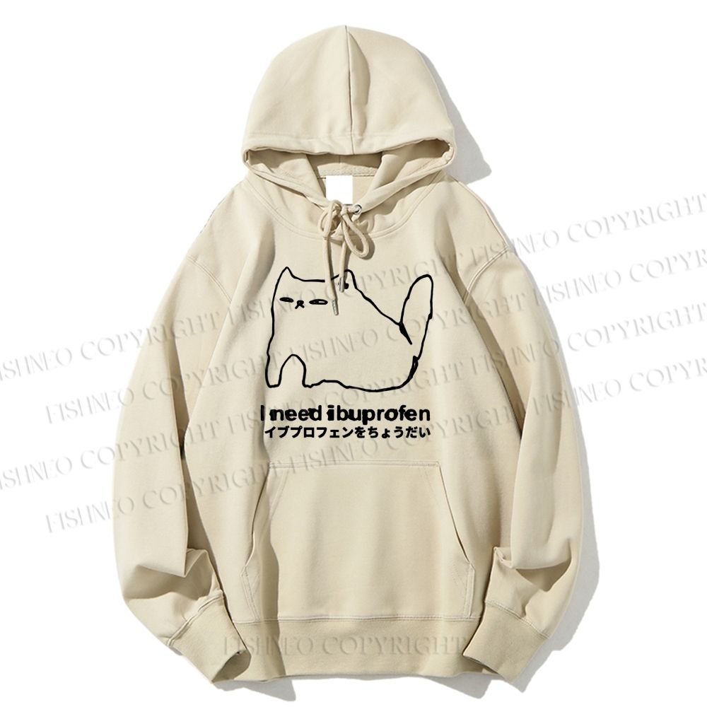 Unisex Casual I need ibuprofen Cat Vintage Cotton Printed Hoodie