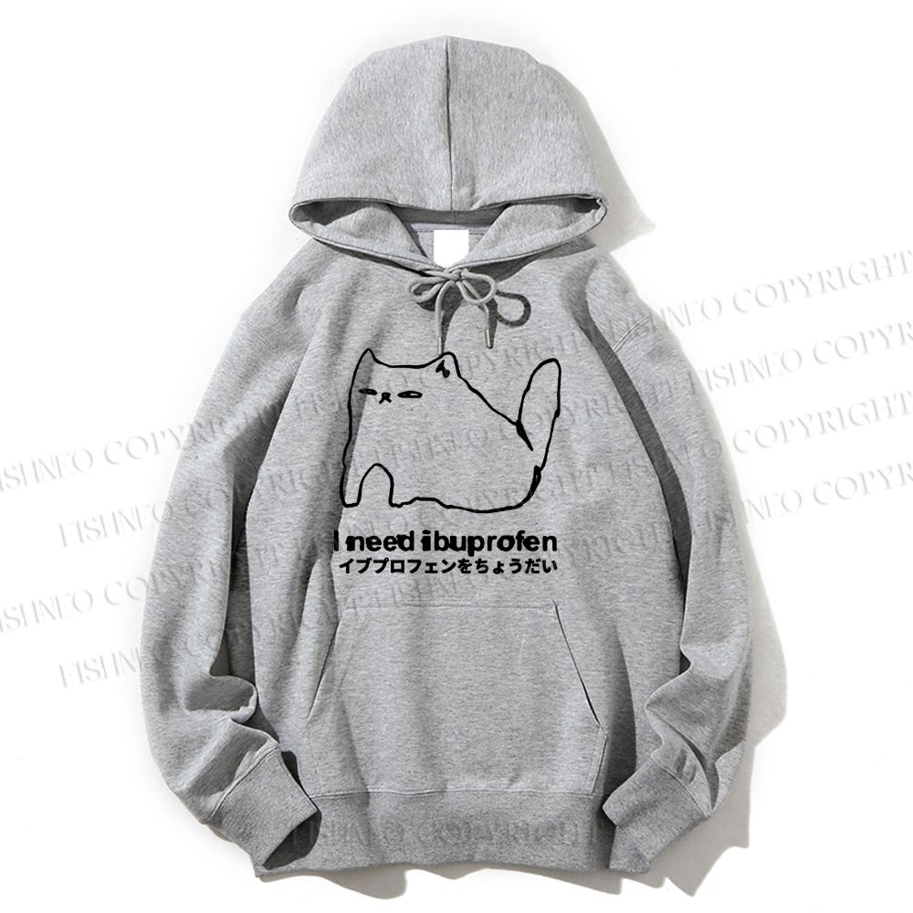 Unisex Casual I need ibuprofen Cat Vintage Cotton Printed Hoodie