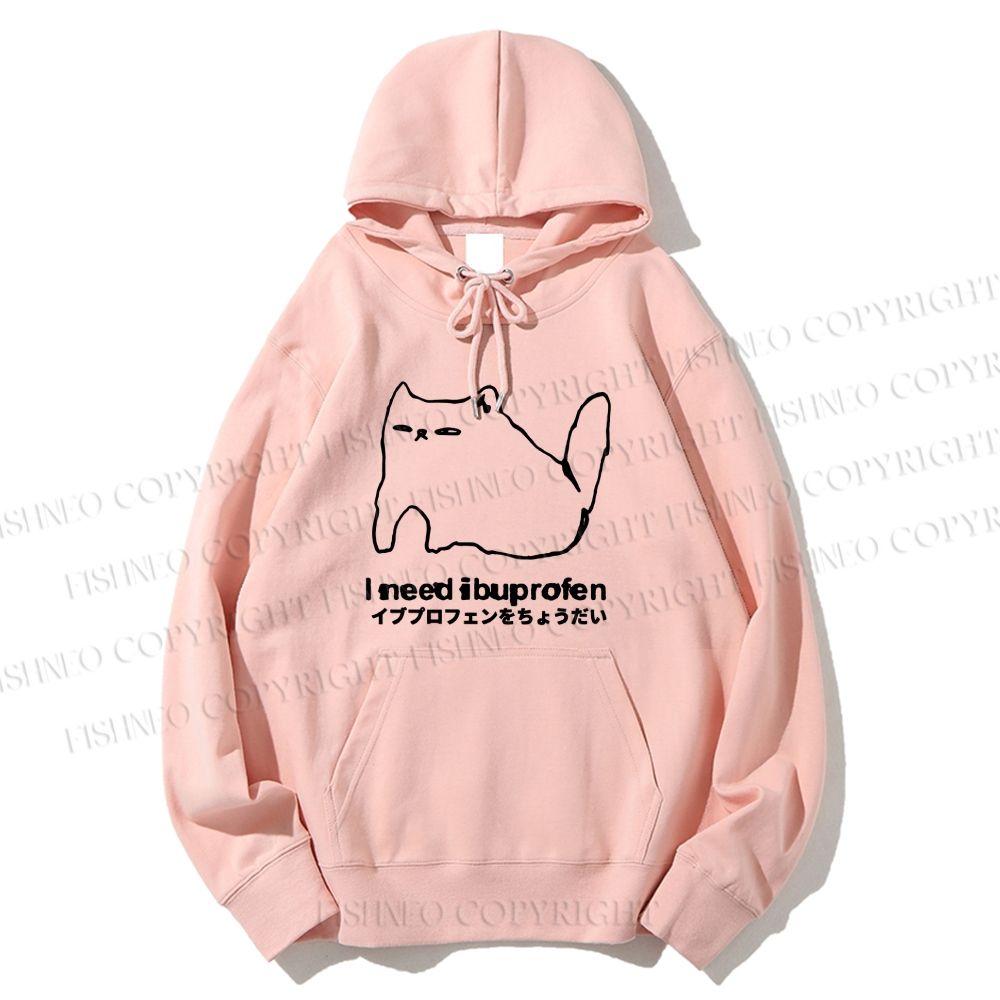 Unisex Casual I need ibuprofen Cat Vintage Cotton Printed Hoodie