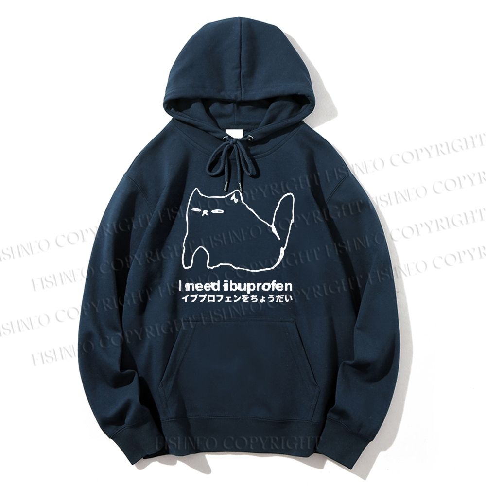 Unisex Casual I need ibuprofen Cat Vintage Cotton Printed Hoodie