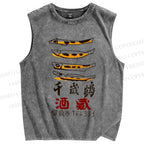 Unisex Vintage Japanese Fish Printed Washed Tank Top