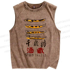 Unisex Vintage Japanese Fish Printed Washed Tank Top