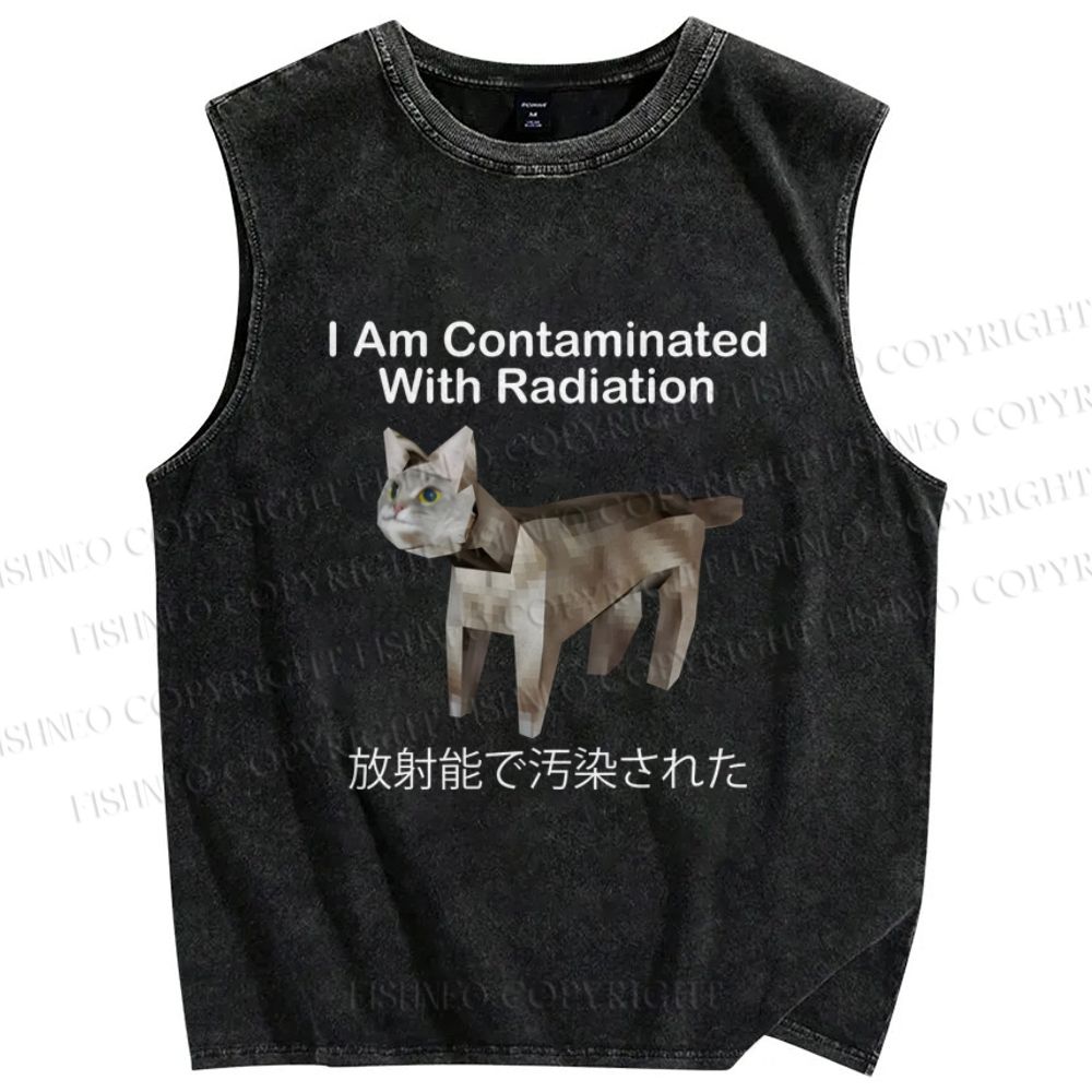 Unisex I Am Contaminated With Radiation Japanese Cat Printed Washed Tank Top
