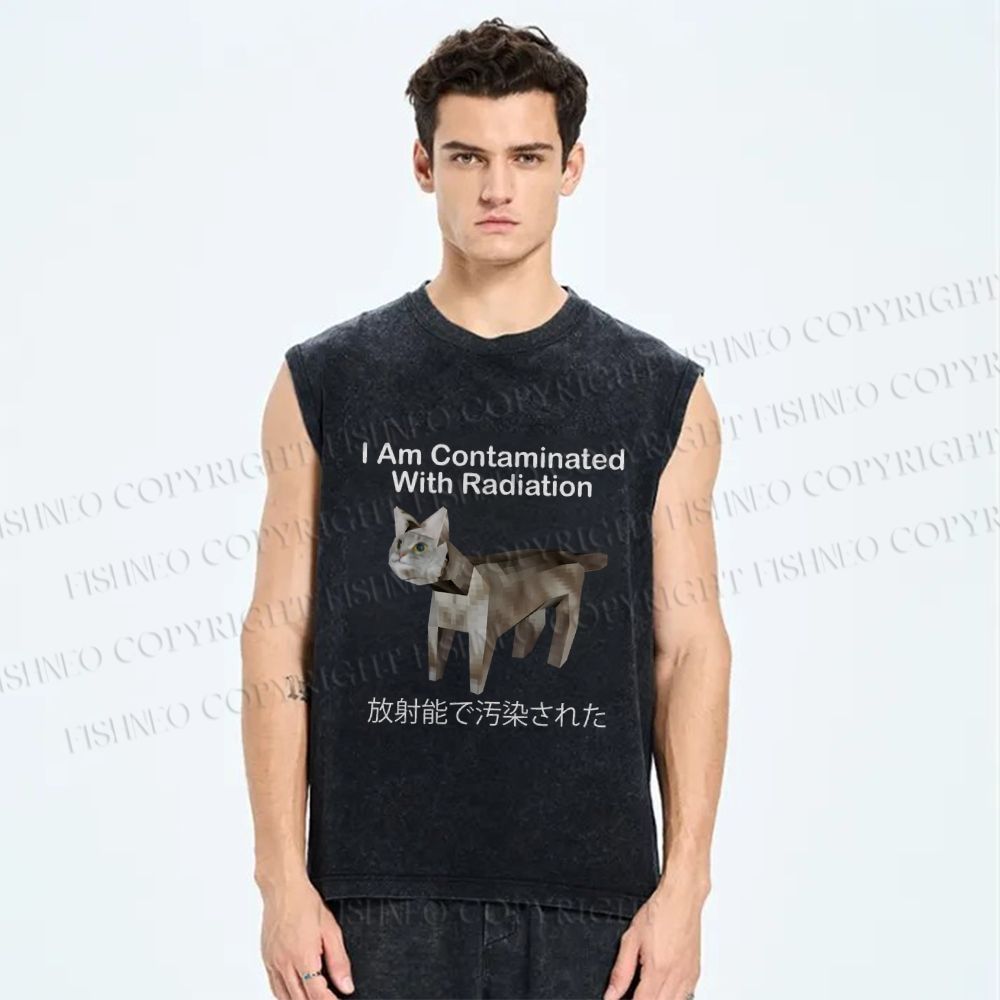 Unisex I Am Contaminated With Radiation Japanese Cat Printed Washed Tank Top