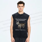 Unisex I Am Contaminated With Radiation Japanese Cat Printed Washed Tank Top