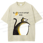 Unisex Japanese Big Cat Printed Washed Tee