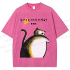 Unisex Japanese Big Cat Printed Washed Tee