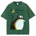Unisex Japanese Big Cat Printed Washed Tee