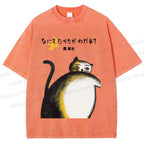 Unisex Japanese Big Cat Printed Washed Tee