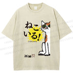 Unisex Vintage Japanese Cat Printed Washed Tee