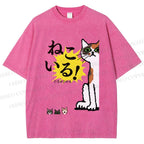 Unisex Vintage Japanese Cat Printed Washed Tee