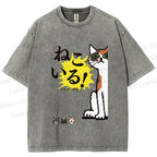 Unisex Vintage Japanese Cat Printed Washed Tee