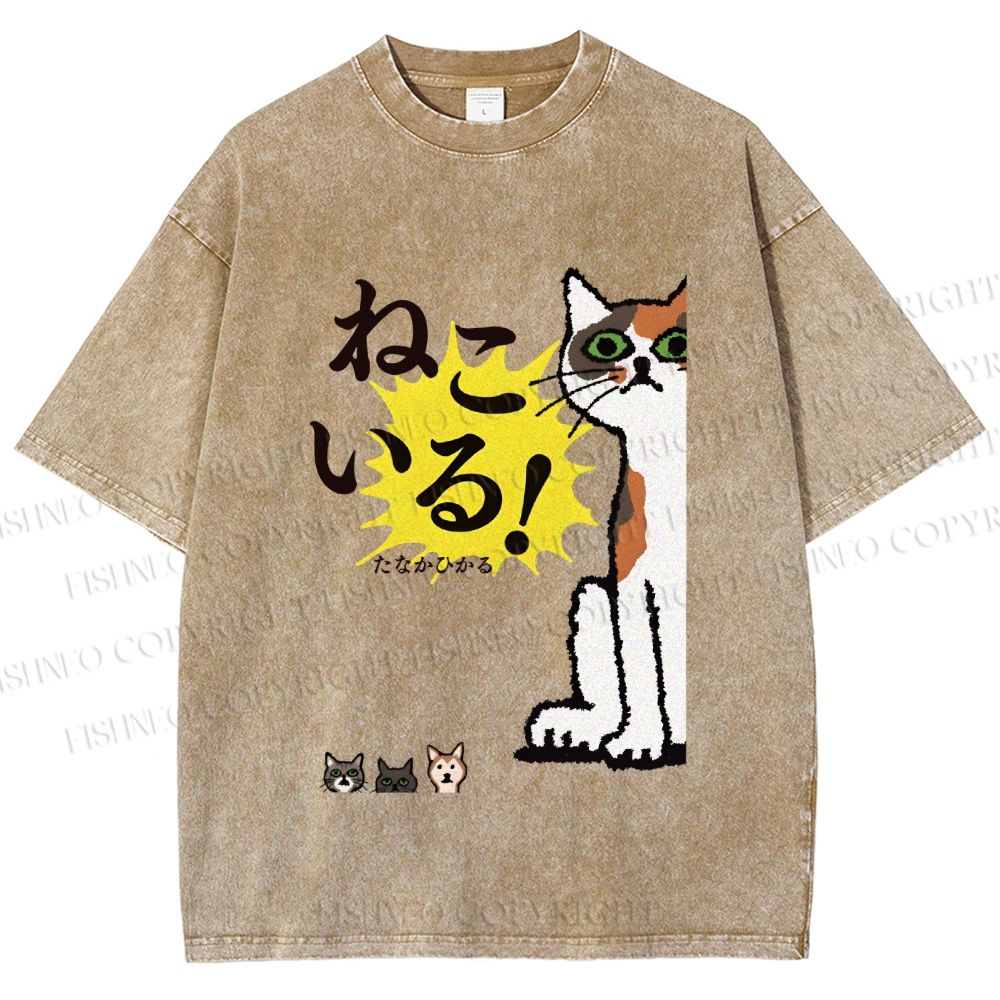 Unisex Vintage Japanese Cat Printed Washed Tee