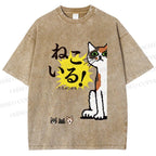 Unisex Vintage Japanese Cat Printed Washed Tee
