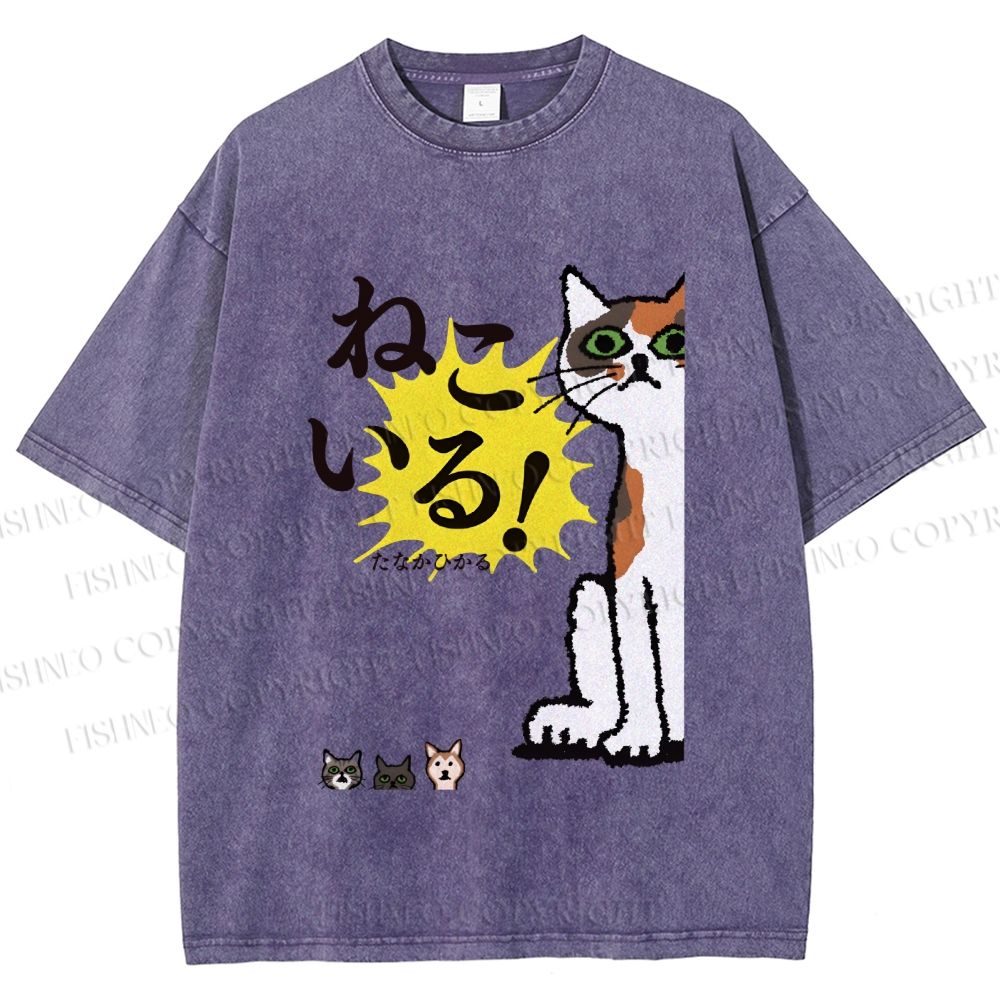 Unisex Vintage Japanese Cat Printed Washed Tee