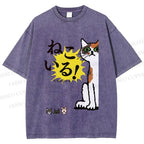 Unisex Vintage Japanese Cat Printed Washed Tee