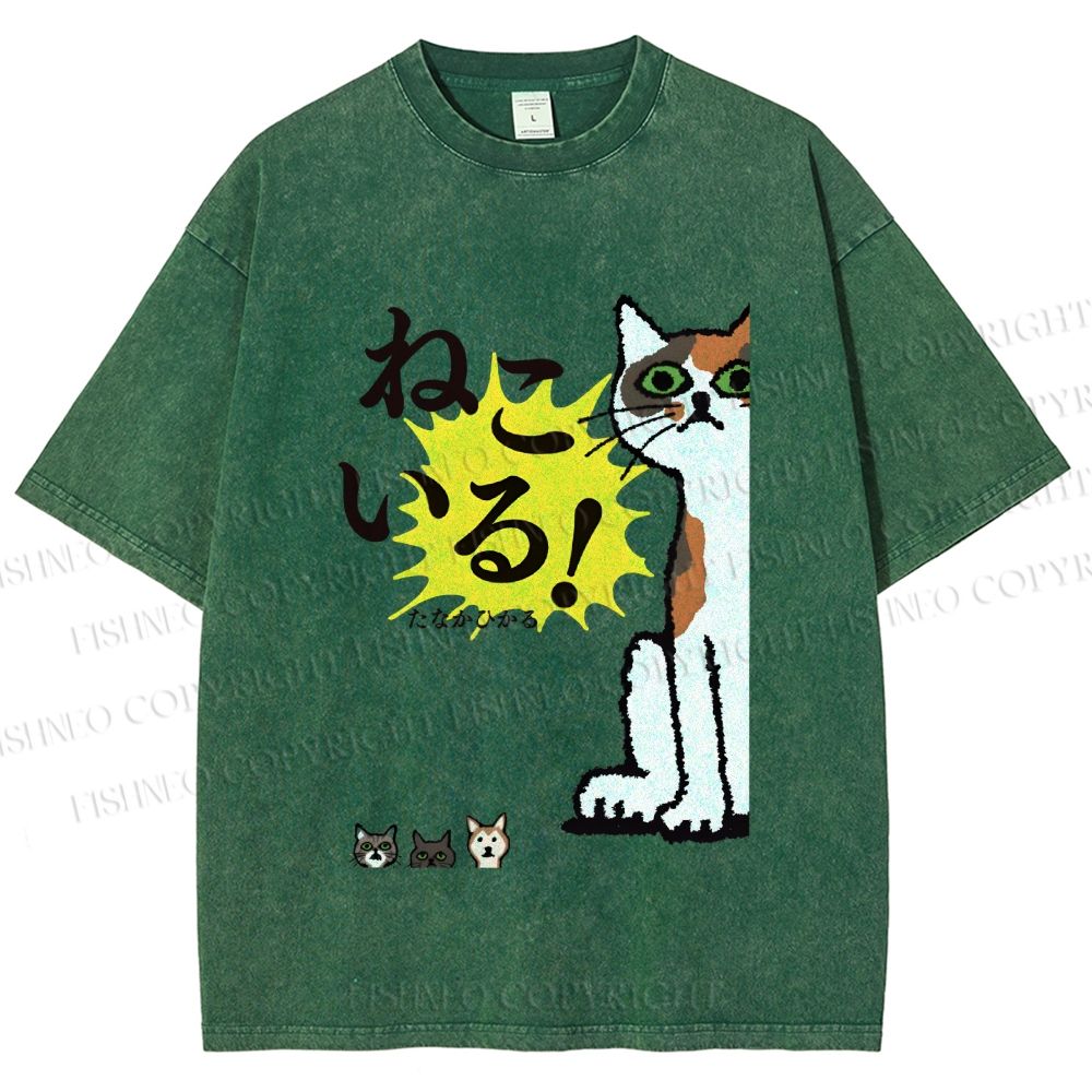 Unisex Vintage Japanese Cat Printed Washed Tee