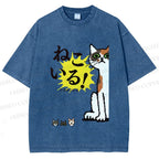Unisex Vintage Japanese Cat Printed Washed Tee