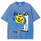 Unisex Vintage Japanese Cat Printed Washed Tee