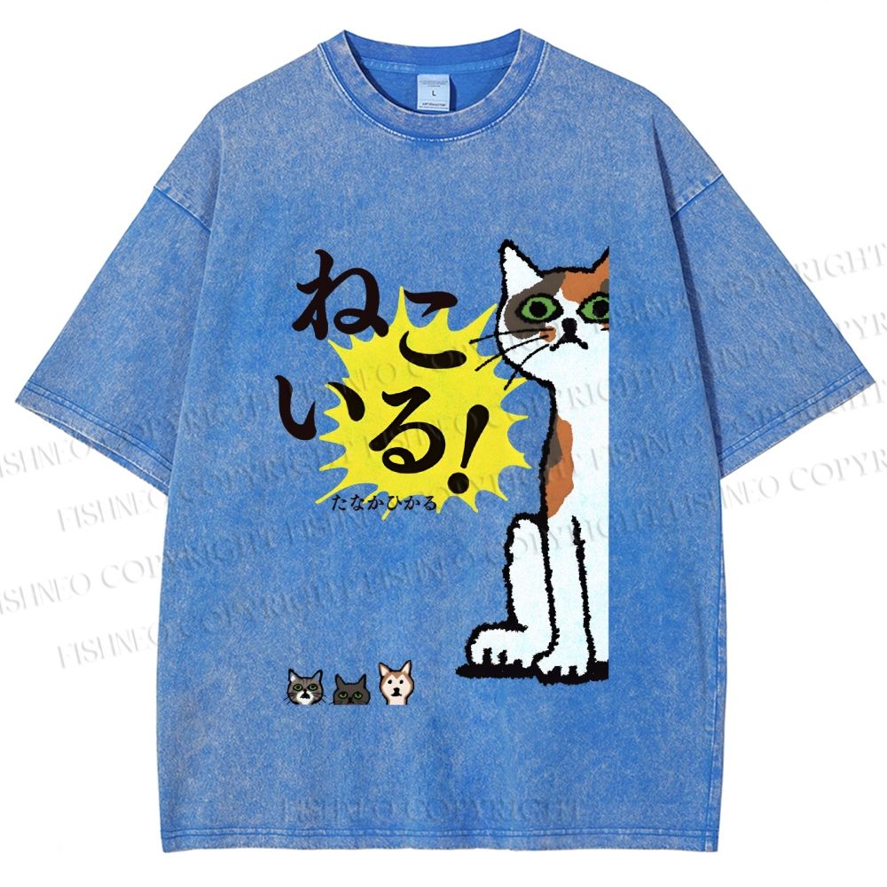 Unisex Vintage Japanese Cat Printed Washed Tee