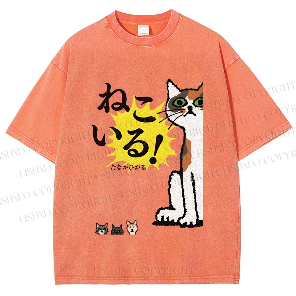 Unisex Vintage Japanese Cat Printed Washed Tee
