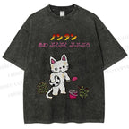 Unisex Japanese Sad Cat Printed Washed Tee