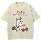 Unisex Japanese Sad Cat Printed Washed Tee