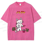 Unisex Japanese Sad Cat Printed Washed Tee