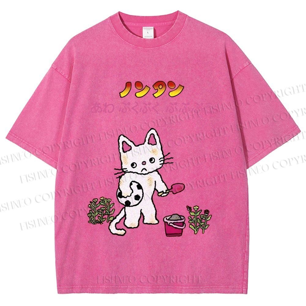 Unisex Japanese Sad Cat Printed Washed Tee