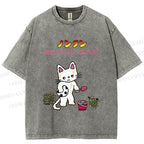 Unisex Japanese Sad Cat Printed Washed Tee