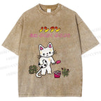 Unisex Japanese Sad Cat Printed Washed Tee