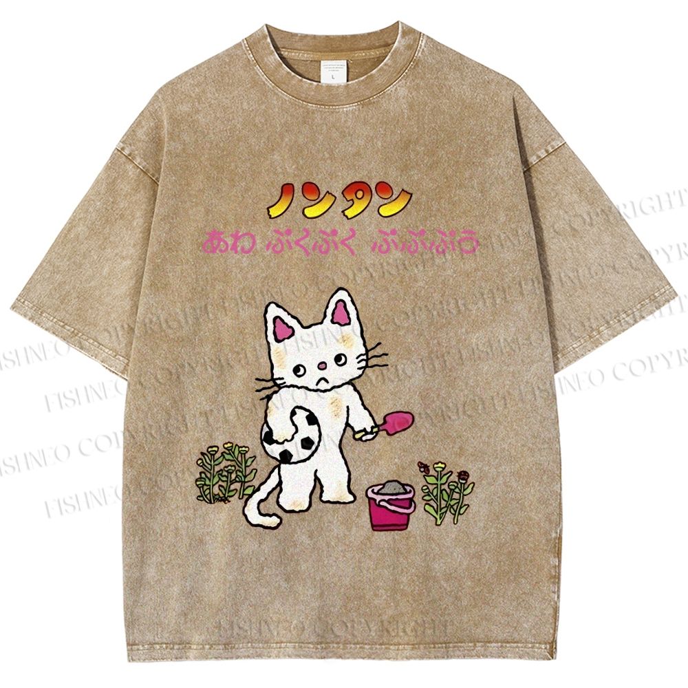 Unisex Japanese Sad Cat Printed Washed Tee