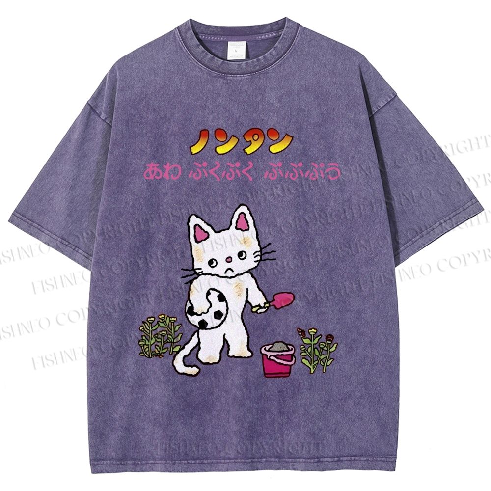 Unisex Japanese Sad Cat Printed Washed Tee