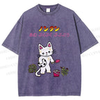 Unisex Japanese Sad Cat Printed Washed Tee