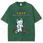 Unisex Japanese Sad Cat Printed Washed Tee