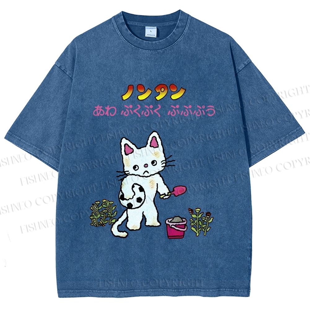 Unisex Japanese Sad Cat Printed Washed Tee