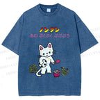 Unisex Japanese Sad Cat Printed Washed Tee